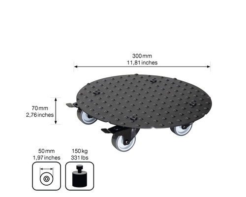 Rullbräda med en lastkapacitet på 150 kg och en diameter på 300 millimeter