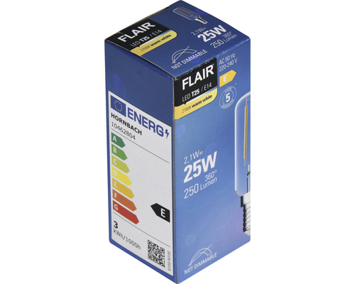 Förpackning för en Flair LED-lampa T25 E14 med 2,1 watt, 25 watt, 250 lumen, ej dimbar och energieffektivitetsklass E