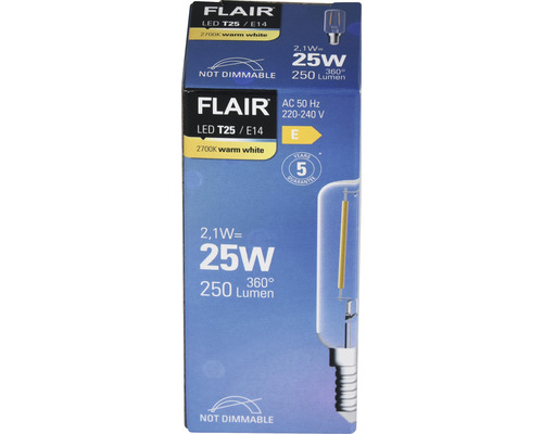 Förpackning för en Flair LED T25/E14-lampa, ej dimbar