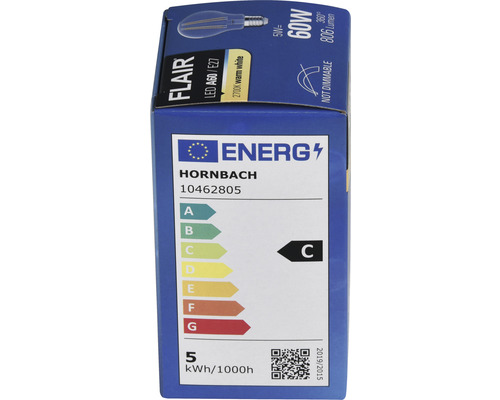 Förpackning av en Flair LED-lampa A60 E27 med 5 watt, 60 watt motsvarande, 2700 kelvin varmvit och energieffektivitetsklass C