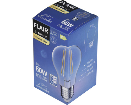 Förpackning för en Flair LED-lampa A60 E27, 5 watt, 2700 kelvin, varmvit, ej dimbar