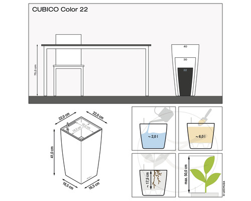 CUBICO Color 22 Blomkruka, storleksinformation och påfyllningsmängder