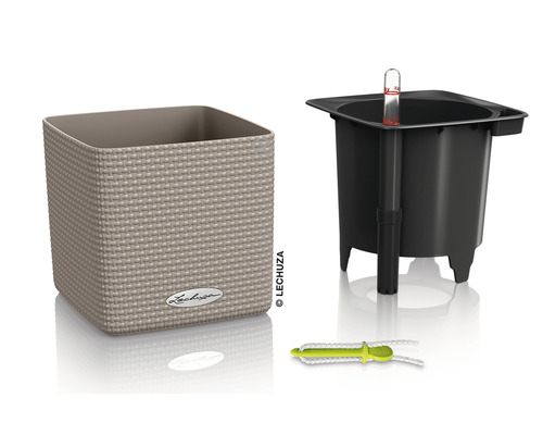 Blomkruka med bevattningssystem och vattennivåindikator