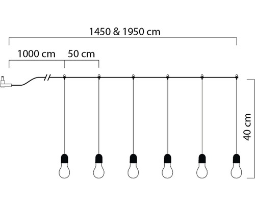 Bild av en ljusslinga med glödlampor med måttangivelser