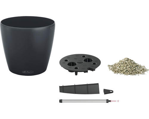 Komponenter i en blomkruka med bevattningssystem, bestående av kruka, insats, substrat, vattennivåindikator och påfyllningsschakt