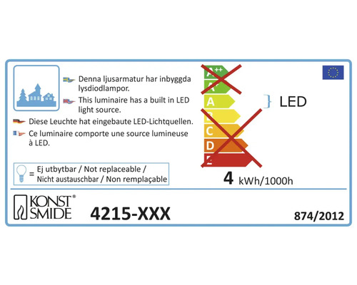 Energimärkning med information om den inbyggda LED ljuskällan och uppgiften att den inte är utbytbar