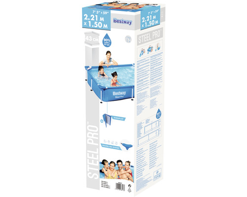 Bestway Steel Pro poolförpackning med information om storlek och kapacitet