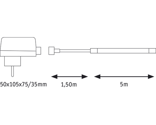 Ritning av en strömförsörjning med en kabellängd på 5 meter och en matningsledning på 1,5 meter samt måtten 50x105x75/35 millimeter.