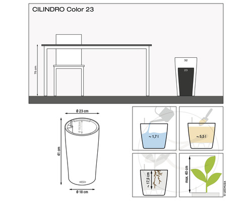 Skiss av en Cilindro Color 23 blomkruka med mått och fyllnadsmängder