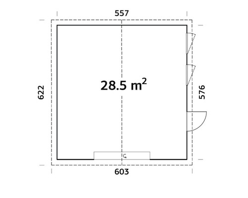 Planritning med måttspecifikationer för ett trädgårdshus med en yta på 28,5 kvadratmeter