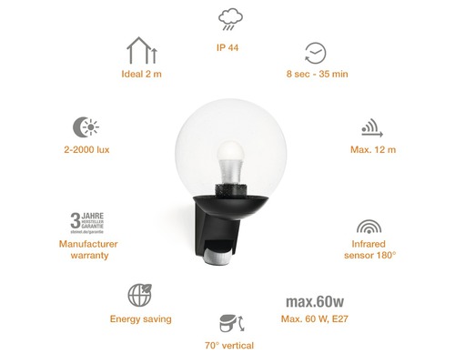 Utomhuslampa med rörelsesensor och produktinformation