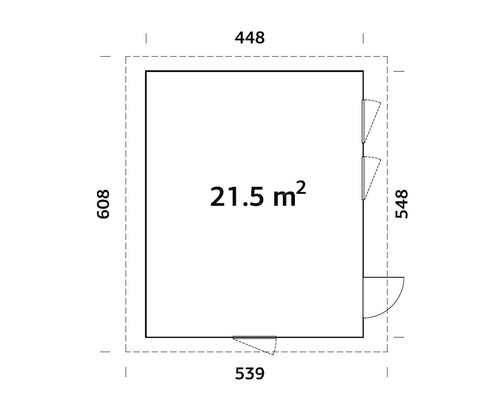 Ritning av en trädgårdsskjul med måtten 448 x 539 x 608 x 548 centimeter och en yta på 21,5 kvadratmeter