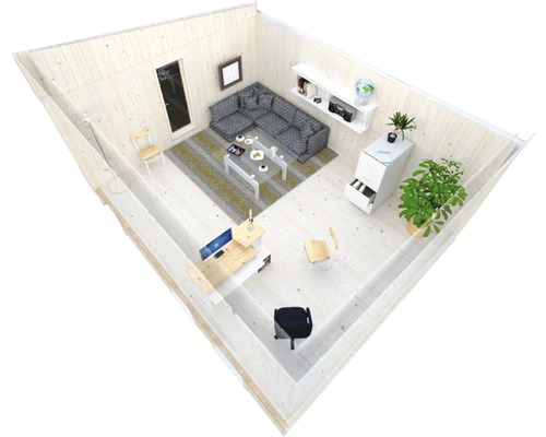 Ljust rum med soffa, bord, hyllor, skrivbord och kontorsstol