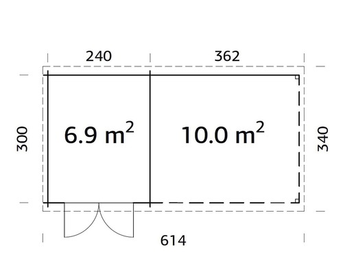 Ritning av ett trädgårdshus med mått