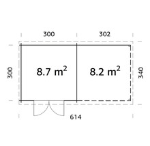 Planritning av ett trädgårdshus med area i kvadratmeter och mått i centimeter