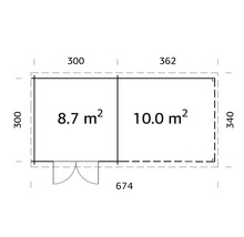 Attefallshus PALMAKO Ella 8,7+10,0 m² inkl. skyddstak med bakvägg 662x300cm natur