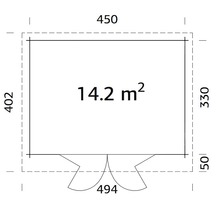 Planritning med areaangivelse 14.2 kvadratmeter och måttangivelser i millimeter