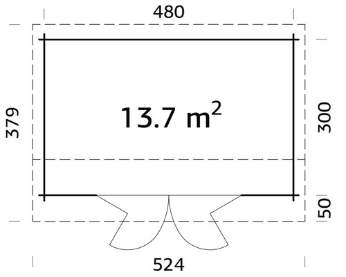 Ritning av ett trädgårdshus med måtten 480 gånger 379 centimeter och en yta på 13,7 kvadratmeter