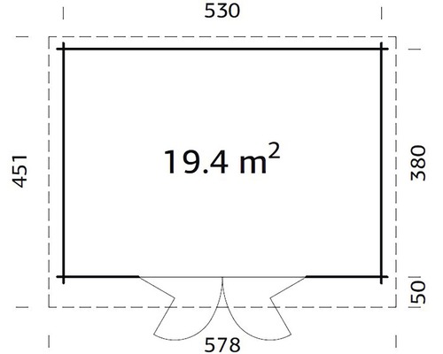 Ritningsskiss med mått: 530 gånger 451 cm, yta 19,4 kvadratmeter