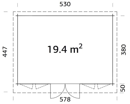 Planritning över ett trädgårdshus med måtten 530 gånger 447 centimeter och en yta på 19,4 kvadratmeter