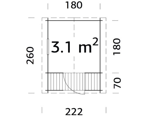 Ritningsskiss av ett trädgårdshus med måtten 222 x 260 centimeter och en yta på 3,1 kvadratmeter.