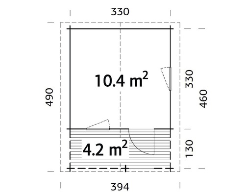 Planritning över ett trädgårdshus med mått.