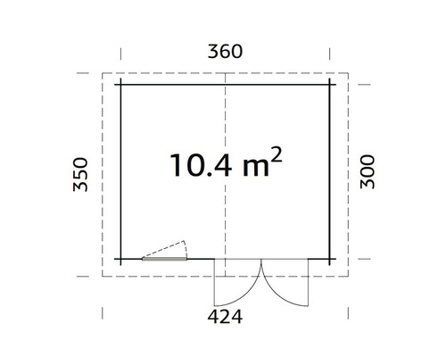 Ritning av ett trädgårdshus med måtten 360 gånger 350 gånger 300 och 424 centimeter, med en yta på 10,4 kvadratmeter