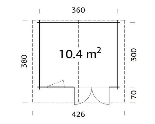 Planritning över ett trädgårdshus med måtten 426 x 380 x 360 x 300 och en yta på 10,4 kvadratmeter