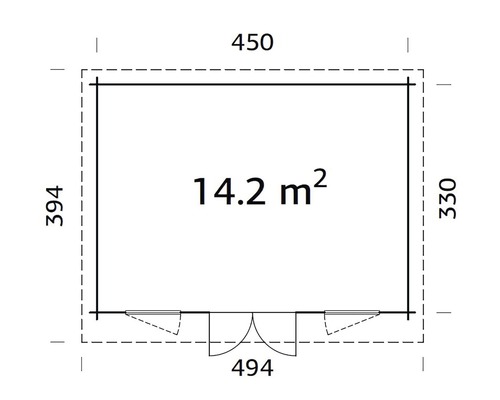 Ritning av ett trädgårdshus med måtten 450 x 394 x 330 x 494 cm och en yta på 14.2 m²