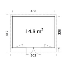 Planritning av ett trädgårdshus med mått i meter