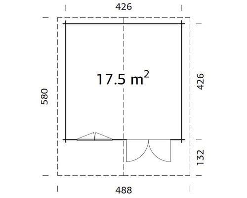 Planritning över ett trädgårdshus med en yta på 17,5 kvadratmeter