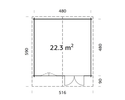 Ritning av ett trädgårdshus med måtten 516 x 590 centimeter och en yta på 22.3 kvadratmeter
