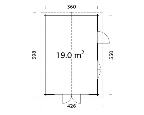 Ritning av ett trädgårdshus med måtten 360 x 598 cm och en yta på 19 kvadratmeter.