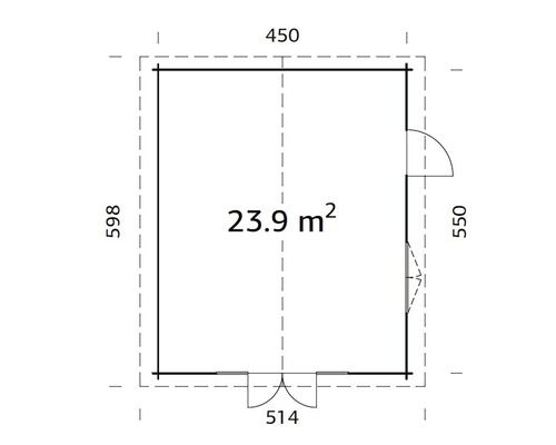 Planritning av ett trädgårdshus med måtten 450, 598, 550 och 514 samt en yta på 23,9 kvadratmeter