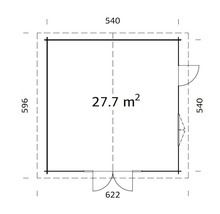 Ritning av ett trädgårdshus med måtten 540 x 596 cm och en yta på 27.7 m².