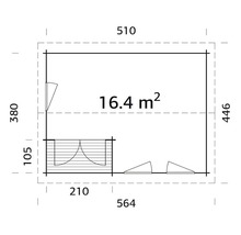 Planritning över trädgårdshuset med dimensioner