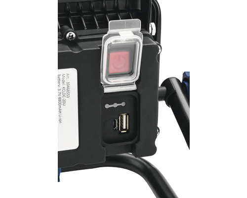 Detaljvy av LED-strålkastare med strömbrytare och USB-port
