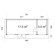 Planritning av ett trädgårdshus med måttangivelser