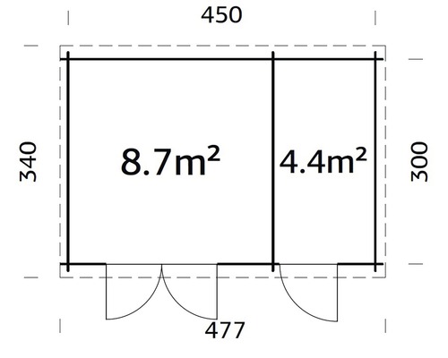 Planritning över ett trädgårdshus som mäter 450 gånger 340 centimeter och en yta på 8,7 kvadratmeter plus 4,4 kvadratmeter