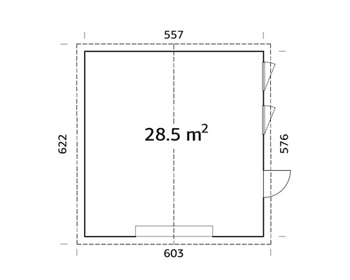 Ritning av ett trädgårdshus med en yta på 28,5 kvadratmeter
