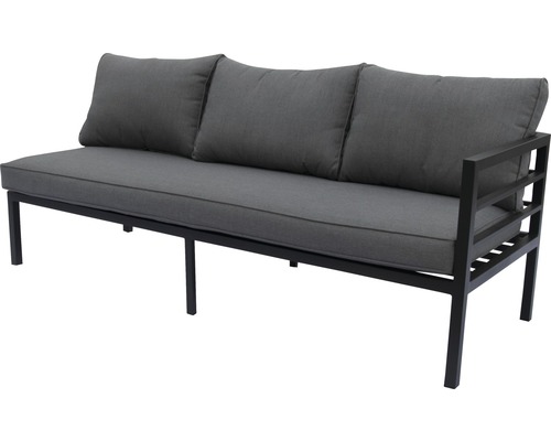 Trädgårdsbänk med metallram och gråa sittdynor