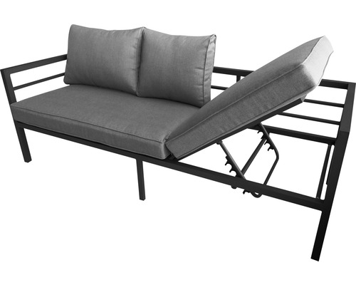 Trädgårdsbänk med metallram och grå dynor