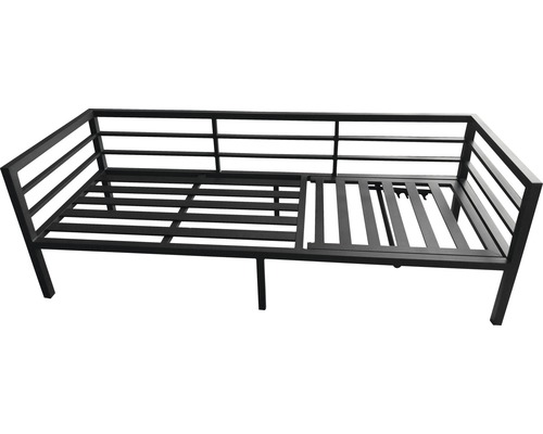 Svart sängram i metall med ribbotten