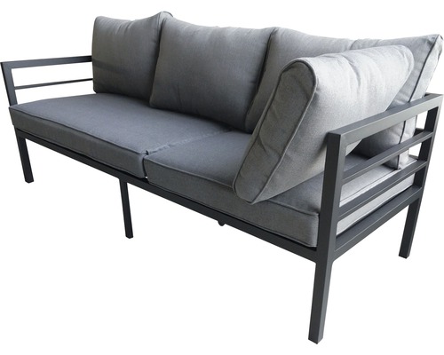 Trädgårdsbänk med metallram och grå kuddar