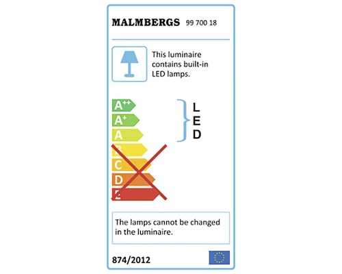 Energietikett för armatur med inbyggda LED-lampor som inte kan bytas ut.