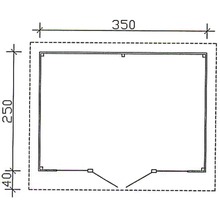 Ritning av ett trädgårdshus med måtten 350 x 250 cm