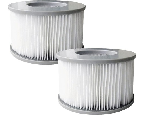 Två runda poolfilterpatroner med veckad struktur och grå kant