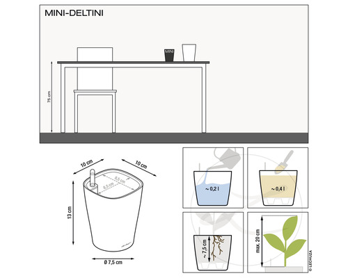 Mått Lechuza Mini Deltini planteringskärl med bevattningssystem och bruksanvisning