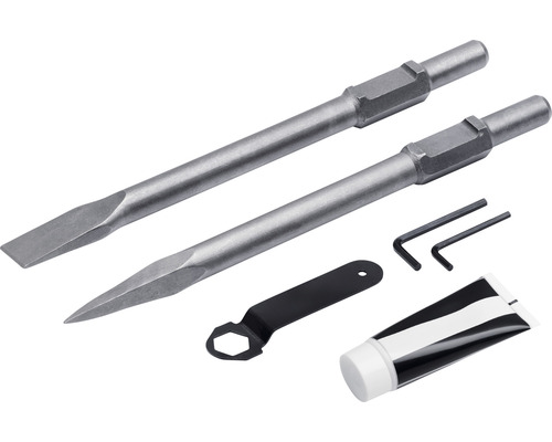 Set med två mejslar, två insexnycklar, en skiftnyckel och smörjmedel