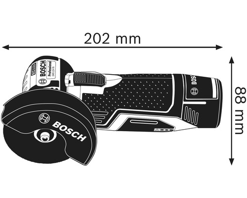 Bosch vinkelslip med måtten: 202 mm längd och 88 mm höjd.